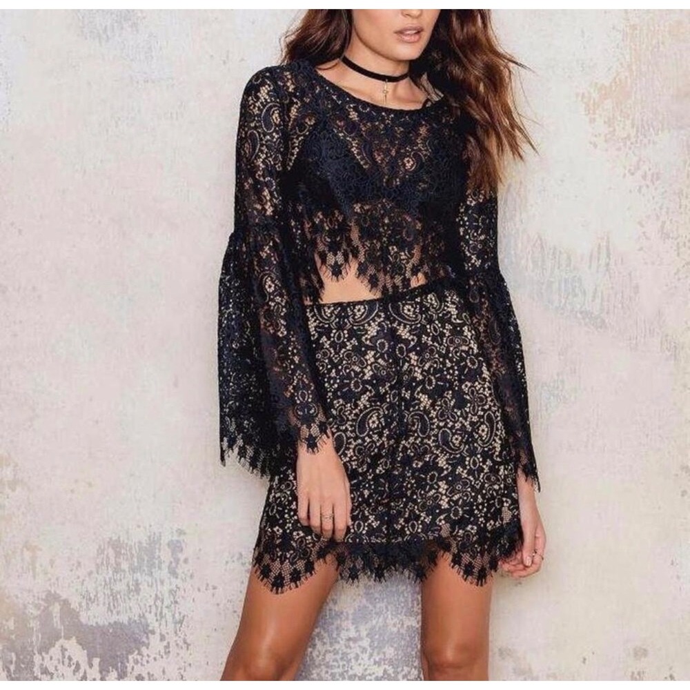 WB3 For Love & Lemons Black Lace Miniโ Skirt Lining Scalloped Eyelash Hem Size M